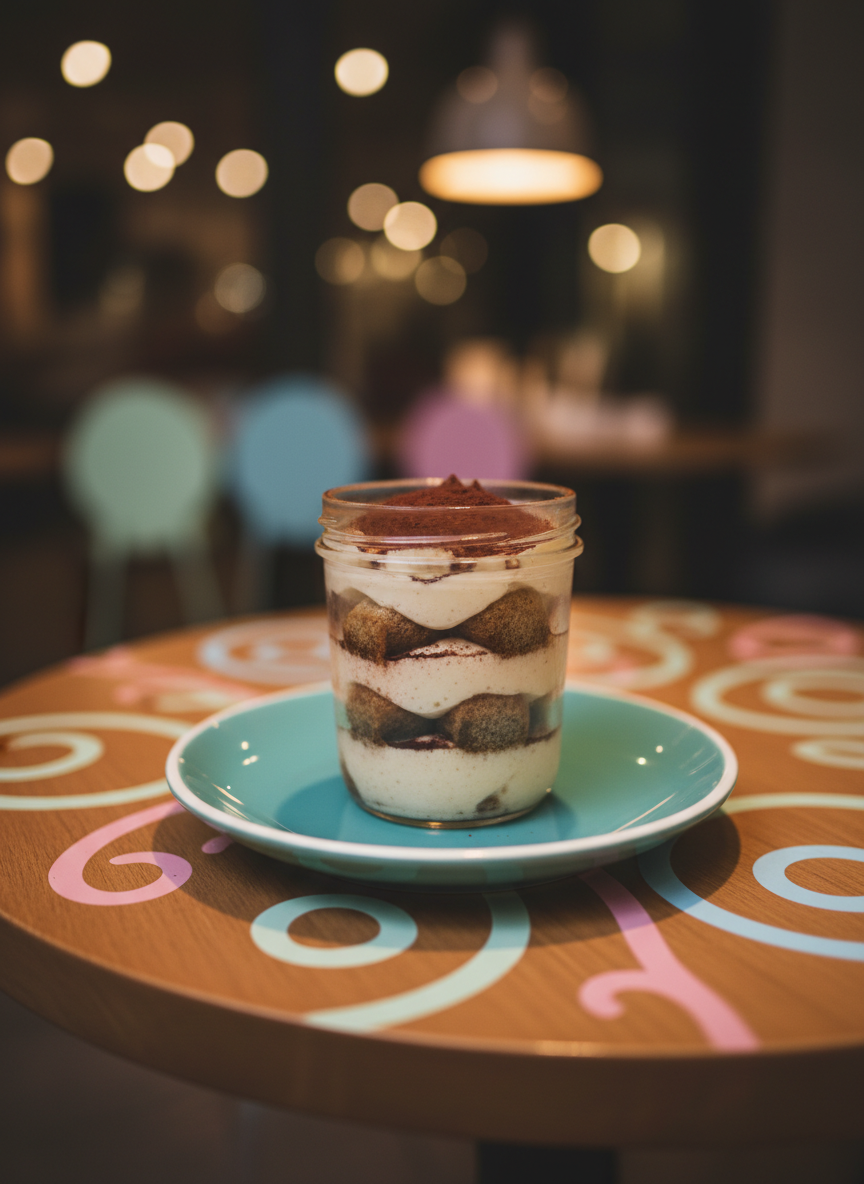 A glass jar of homemade tiramisu with distinct, creamy layers of mascarpone, espresso-soaked ladyfingers, and a generous dusting of cocoa powder, resting on a glossy, rounded turquoise ceramic plate. The plate sits in an energetic, inviting environment: a smooth wooden café table with whimsical swirls painted in pastel. Soft, diffused evening light filters from a nearby pendant lamp, creating warm highlights on the creamy surface and soft focus in the background. Shot from a close, eye-level perspective with tight framing and shallow depth of field, focusing on the decadent, playful layering. The mood is enticing, comforting, and joyful, rendered in photographic realism with pops of color and rounded, playful forms.