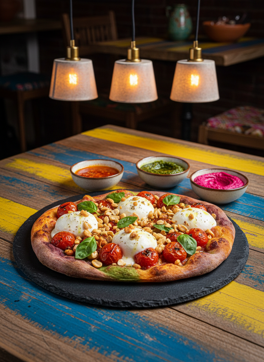 A whimsical, multi-colored pinsa with a light, airy crust topped with roasted cherry tomatoes, creamy mozzarella, green basil leaves, and crunchy roasted local cacahuètes. The pinsa sits on a circular slate board, placed atop a rustic textured wooden table painted in playful shades of blue and yellow. Bright, directional pendant lighting overhead accentuates the glossy mozzarella and the glisten of olive oil. The camera captures the scene from a slightly elevated angle with a rule-of-thirds composition, leaving negative space filled with whimsical, rounded bowls of vibrant dipping sauces. The vibe is fun, bold, and global, emphasizing playful experimentation through photographic realism and vivid, energetic layout.