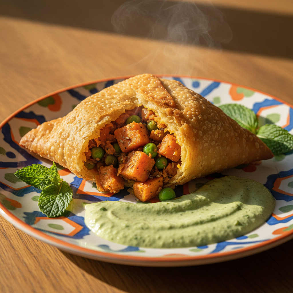 A close-up of a golden, crispy samossa with a delicate, bubbled texture, carefully torn open to reveal a vibrant, steaming filling of sweet potatoes, peas, and spices. The samossa rests atop a brightly patterned ceramic plate with playful geometric designs, surrounded by scattered fresh mint leaves and a dollop of creamy, bright green chutney. The scene is bathed in warm, late-afternoon sunlight streaming through a nearby window, casting charming elongated shadows and illuminating the crispy pastry’s fine details. The composition is tight and centralized, shot at a slightly tilted angle for dynamic interest. The mood is flavorful and energetic, blending whimsical presentation with photographic realism and bold, cheerful colors.